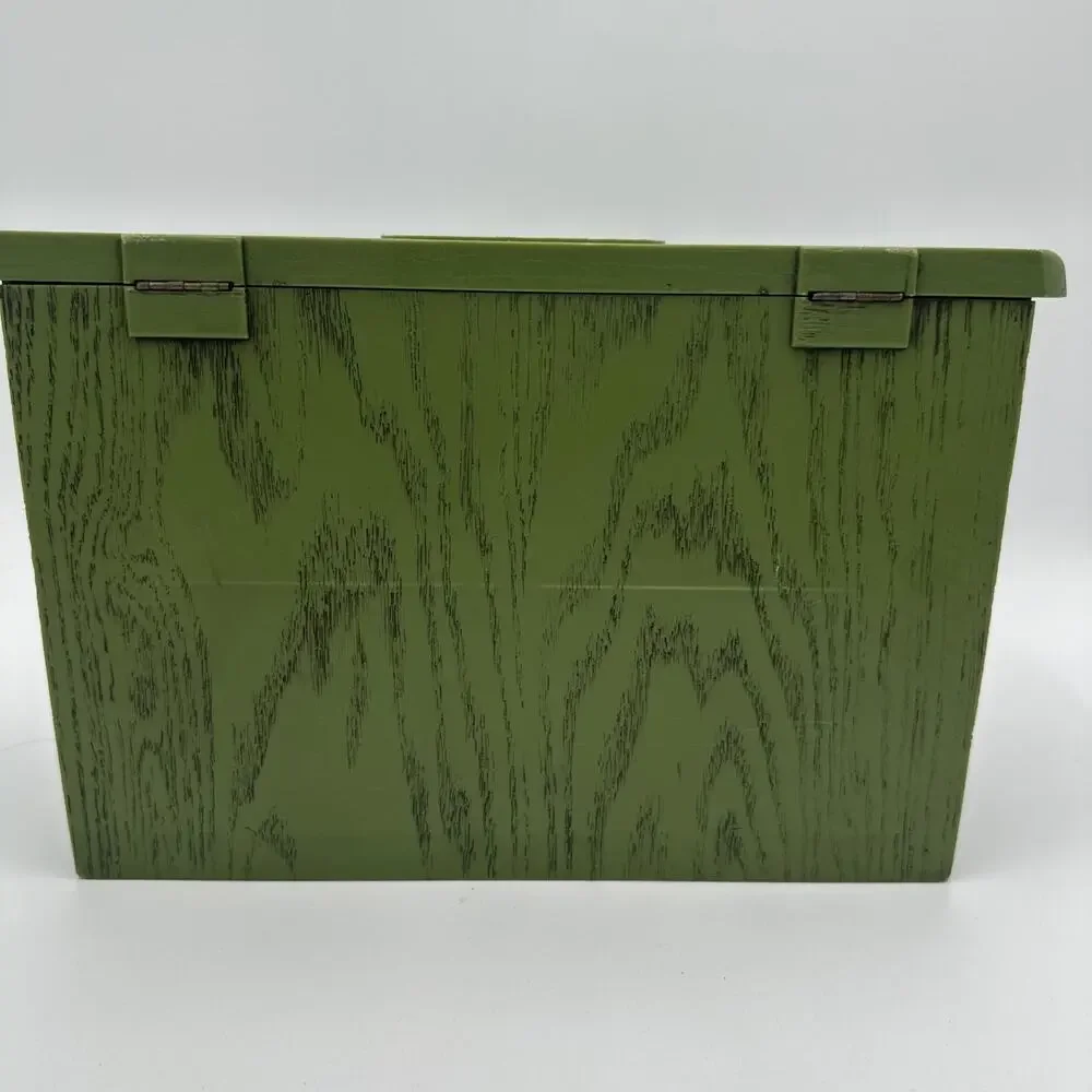Vtg Lerner Melwood Faux Wood Recipe Chest Card Box Organizer Olive Green Floral